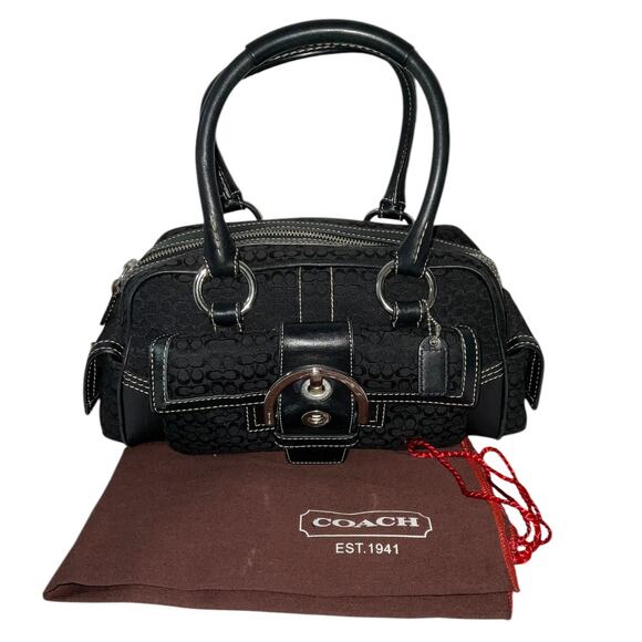 Vintage COACH  BAG Black Signature Canvas with Leather Trim W/ Dust Bag - Picture 1 of 16